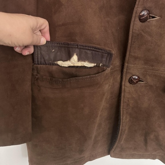 Vintage 70s Jacket Mens 38 Suede Leather Sherpa Lined Shawl Marlboro Coat - Picture 12 of 16